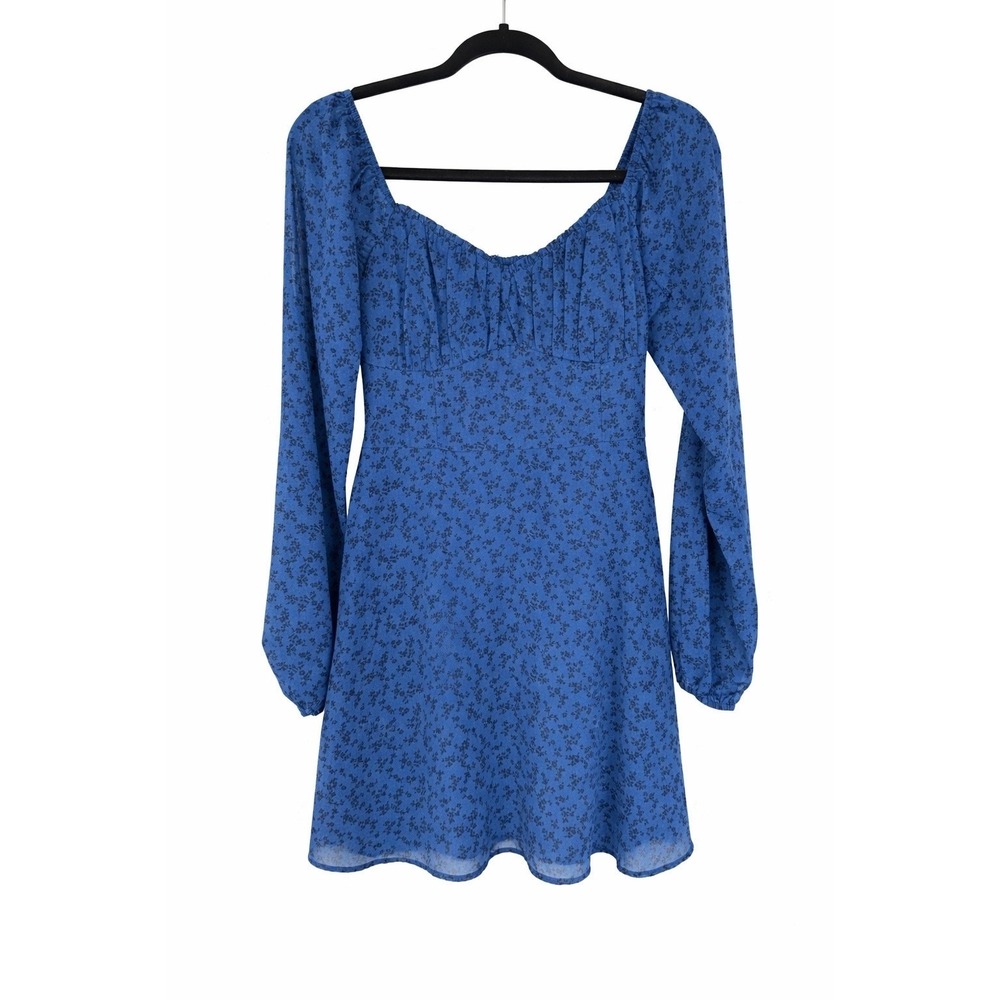 Hollister Blue Floral Mini Dress Medium Smocked Babydoll Puff Sleeve Y2K - Picture 2 of 11